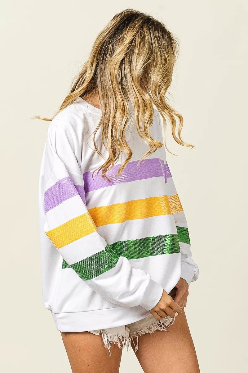 BiBi Sequin Mardi Gras Striped Round Neck Sweatshirt - Bitsy Gypsy Boutique
