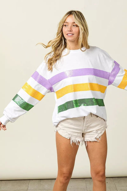 BiBi Sequin Mardi Gras Striped Round Neck Sweatshirt - Bitsy Gypsy Boutique