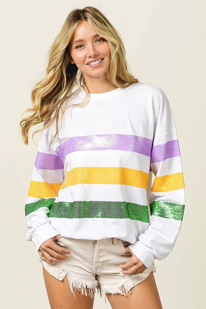 BiBi Sequin Mardi Gras Striped Round Neck Sweatshirt - Bitsy Gypsy Boutique
