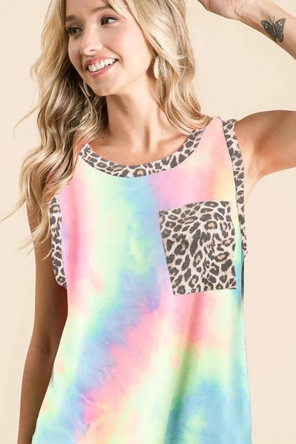 BiBi Sleeveless Tie Dye Top With Leopard Band - Bitsy Gypsy Boutique