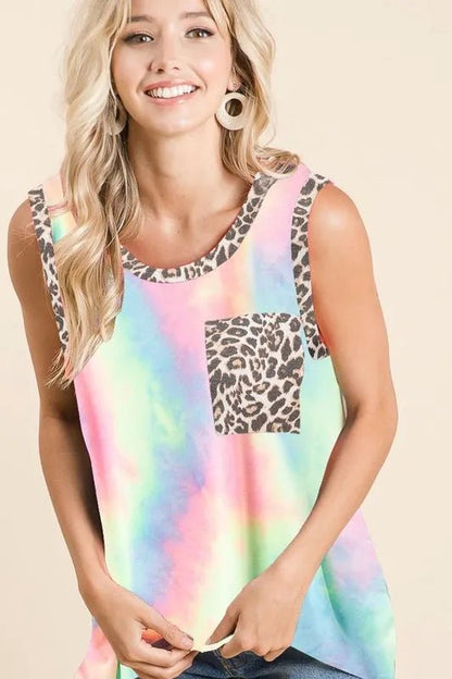 BiBi Sleeveless Tie Dye Top With Leopard Band - Bitsy Gypsy Boutique