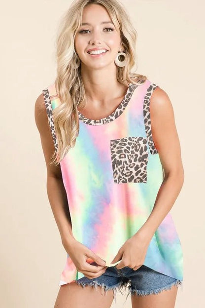 BiBi Sleeveless Tie Dye Top With Leopard Band - Bitsy Gypsy Boutique