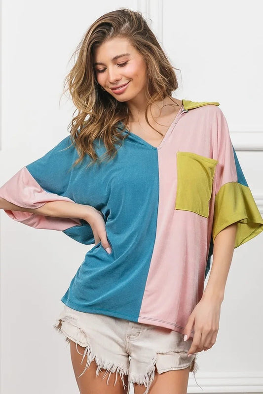 BiBi Slinky Knit Color Block V Neck Front Top - Bitsy Gypsy Boutique
