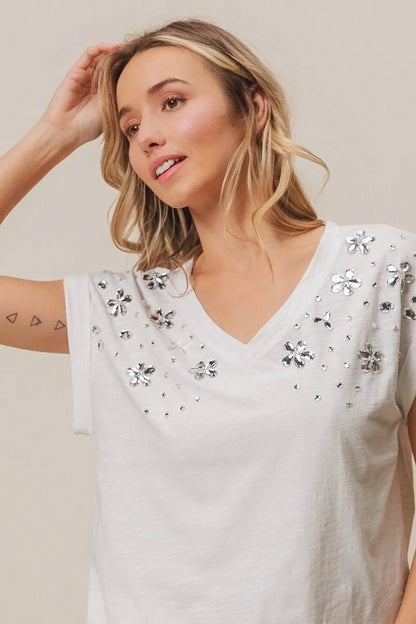BiBi Slub Jersey Rhinestone V Neck Top - Bitsy Gypsy Boutique