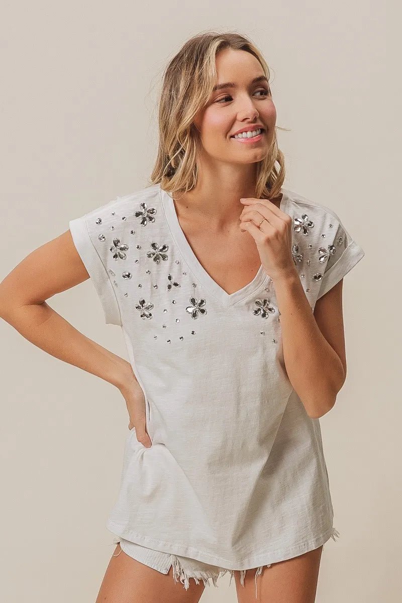 BiBi Slub Jersey Rhinestone V Neck Top - Bitsy Gypsy Boutique