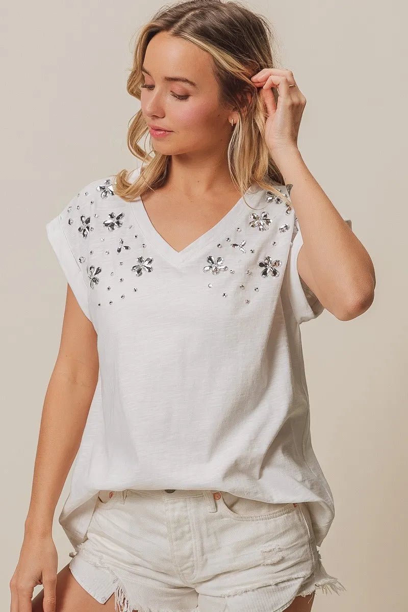 BiBi Slub Jersey Rhinestone V Neck Top - Bitsy Gypsy Boutique