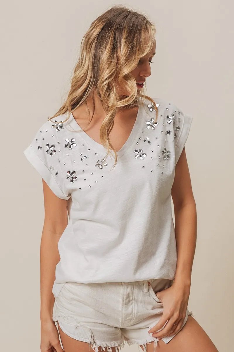 BiBi Slub Jersey Rhinestone V Neck Top - Bitsy Gypsy Boutique