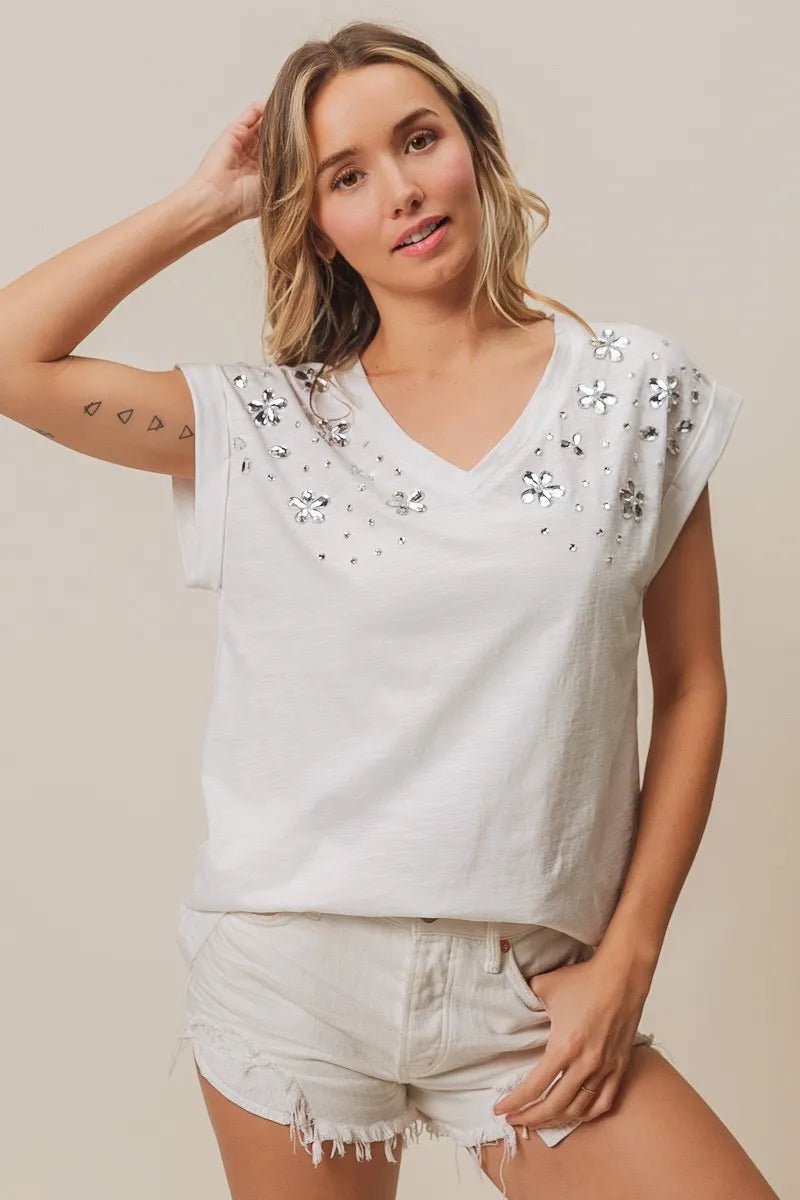 BiBi Slub Jersey Rhinestone V Neck Top - Bitsy Gypsy Boutique