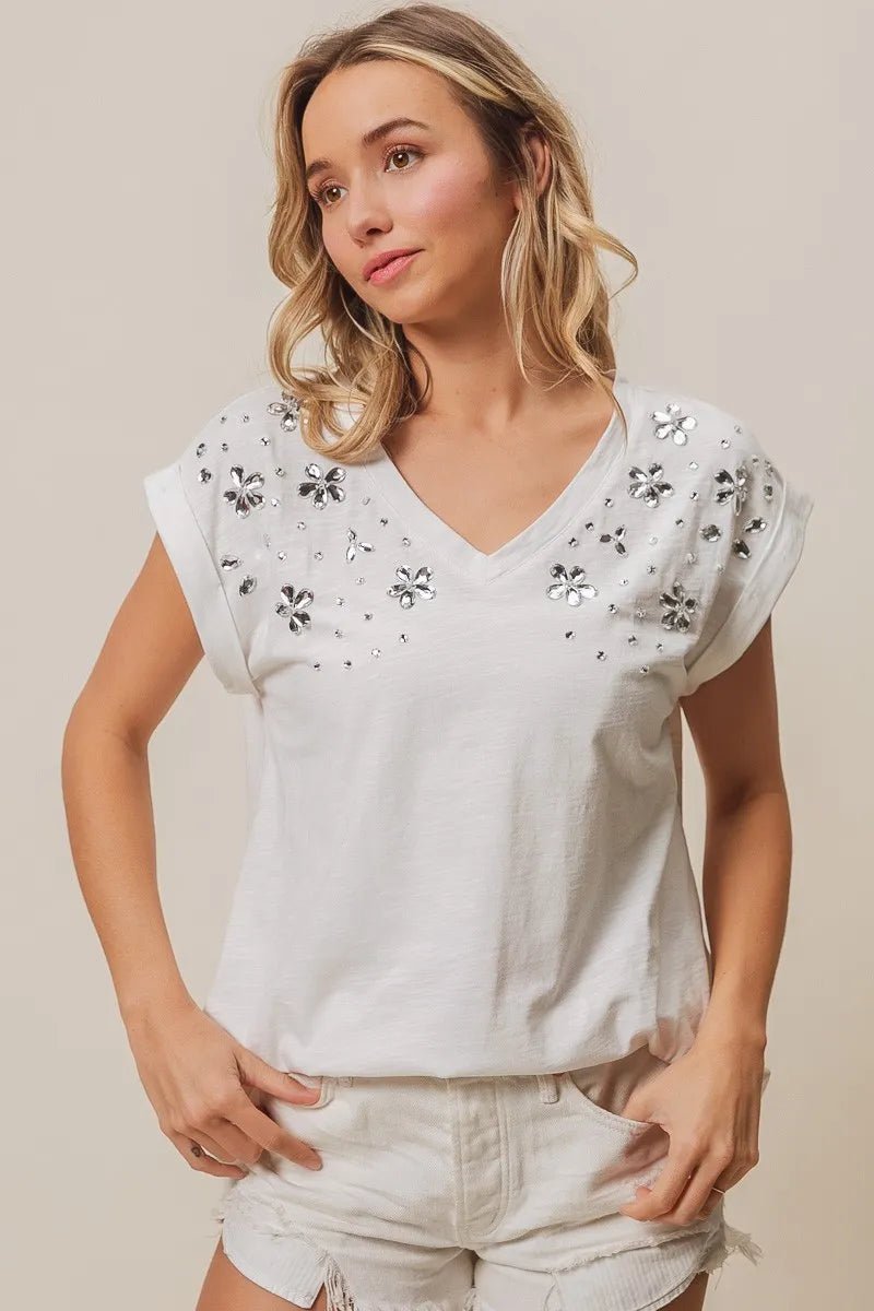 BiBi Slub Jersey Rhinestone V Neck Top - Bitsy Gypsy Boutique
