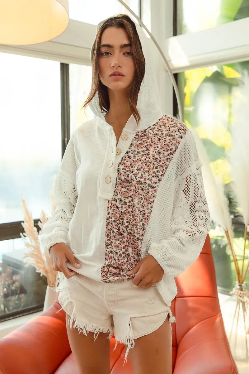 BiBi Slub Jersey with Lace Combo Buttoned Hoodie Top - Bitsy Gypsy Boutique