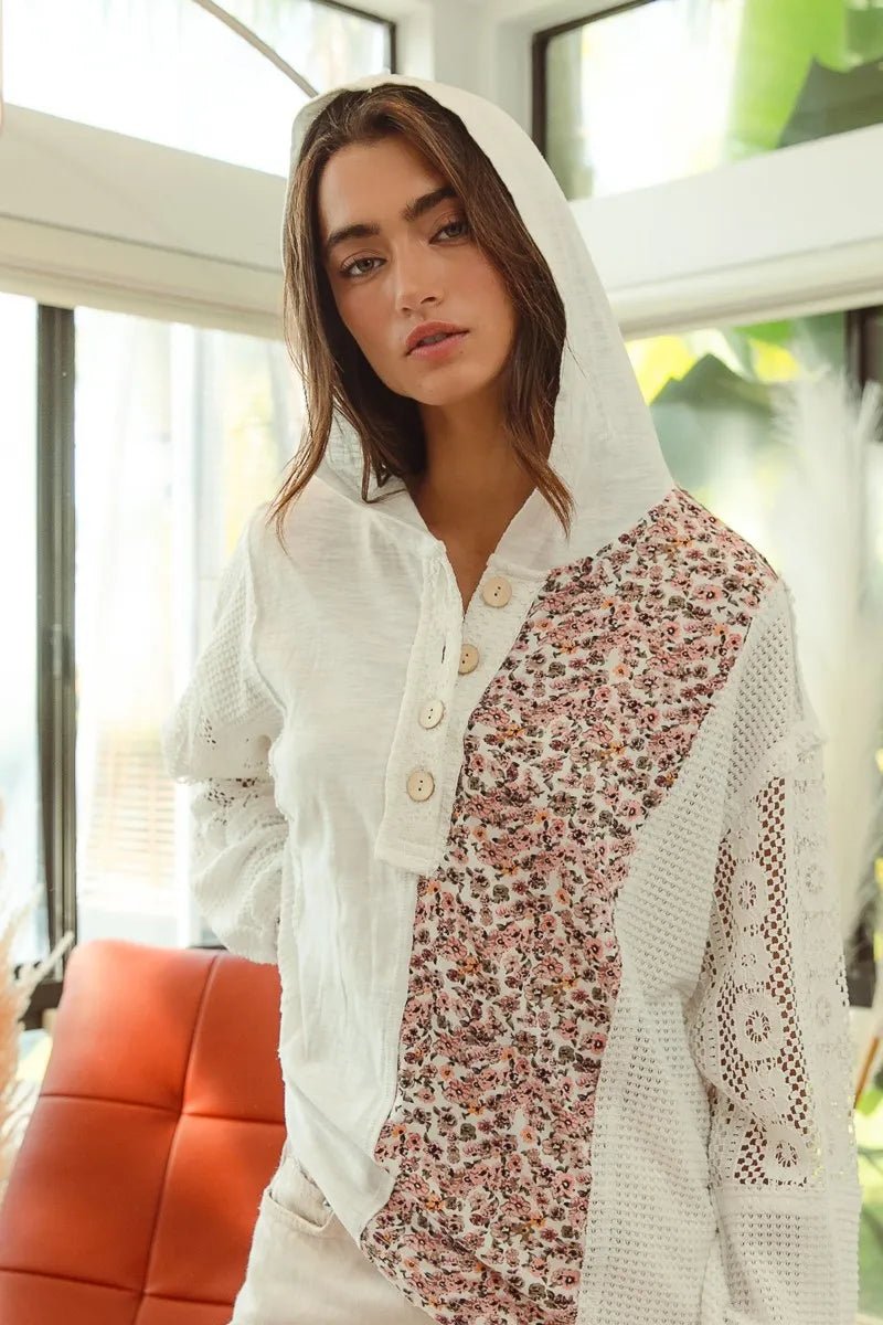 BiBi Slub Jersey with Lace Combo Buttoned Hoodie Top - Bitsy Gypsy Boutique