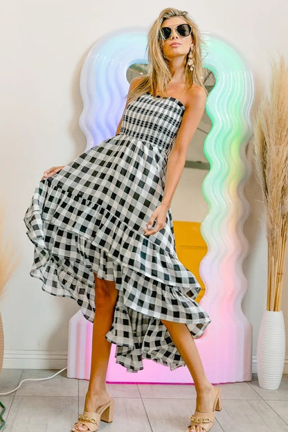 BiBi Smocked Body Off Shoulder Check Dress - Bitsy Gypsy Boutique