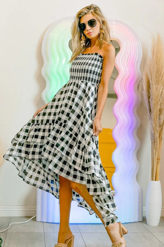 BiBi Smocked Body Off Shoulder Check Dress - Bitsy Gypsy Boutique