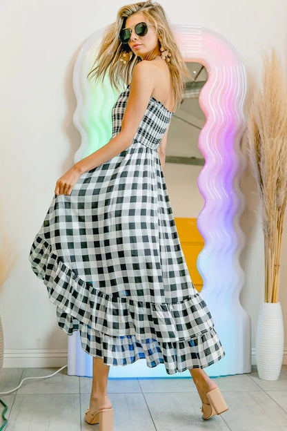 BiBi Smocked Body Off Shoulder Check Dress - Bitsy Gypsy Boutique