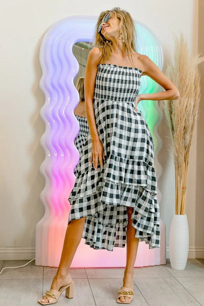 BiBi Smocked Body Off Shoulder Check Dress - Bitsy Gypsy Boutique