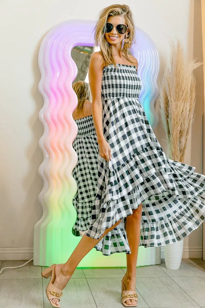 BiBi Smocked Body Off Shoulder Check Dress - Bitsy Gypsy Boutique