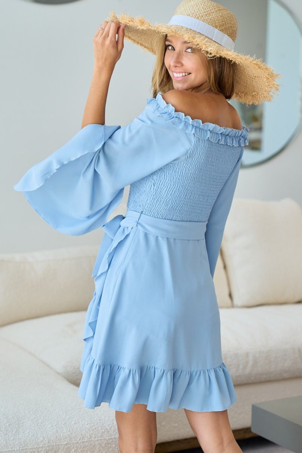 BiBi Smocked Ruffled Front Tie Mini Dress - Bitsy Gypsy Boutique