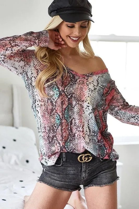 BiBi Snakeskin Print Low Gauge Hacci V Neck Top - Bitsy Gypsy Boutique