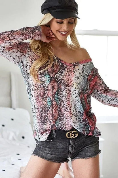 BiBi Snakeskin Print Low Gauge Hacci V Neck Top - Bitsy Gypsy Boutique