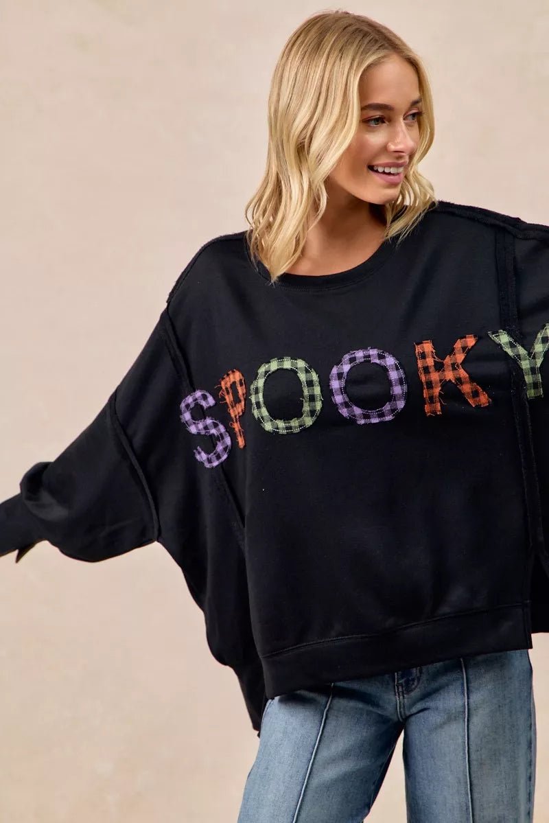 BiBi Spook Plaid Letter Print Oversized Sweatshirt - Bitsy Gypsy Boutique