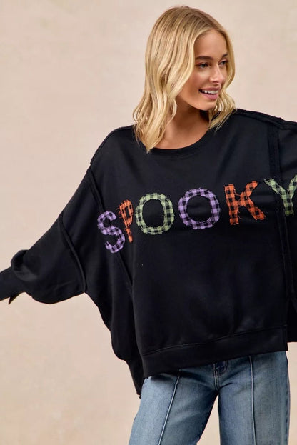 BiBi Spook Plaid Letter Print Oversized Sweatshirt - Bitsy Gypsy Boutique