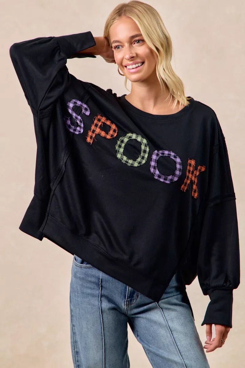 BiBi Spook Plaid Letter Print Oversized Sweatshirt - Bitsy Gypsy Boutique