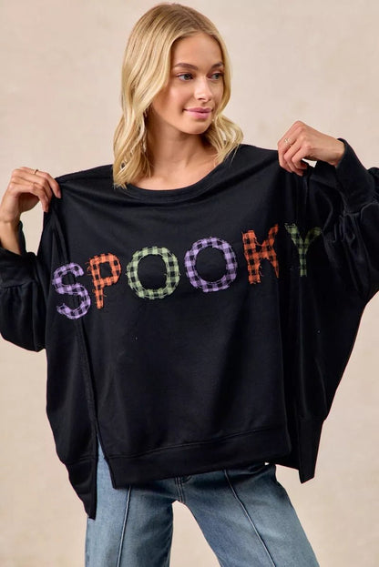 BiBi Spook Plaid Letter Print Oversized Sweatshirt - Bitsy Gypsy Boutique