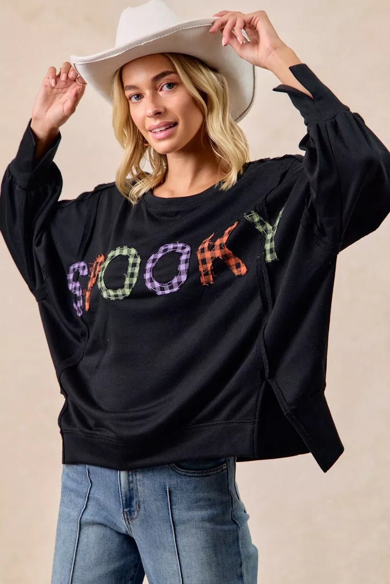 BiBi Spook Plaid Letter Print Oversized Sweatshirt - Bitsy Gypsy Boutique