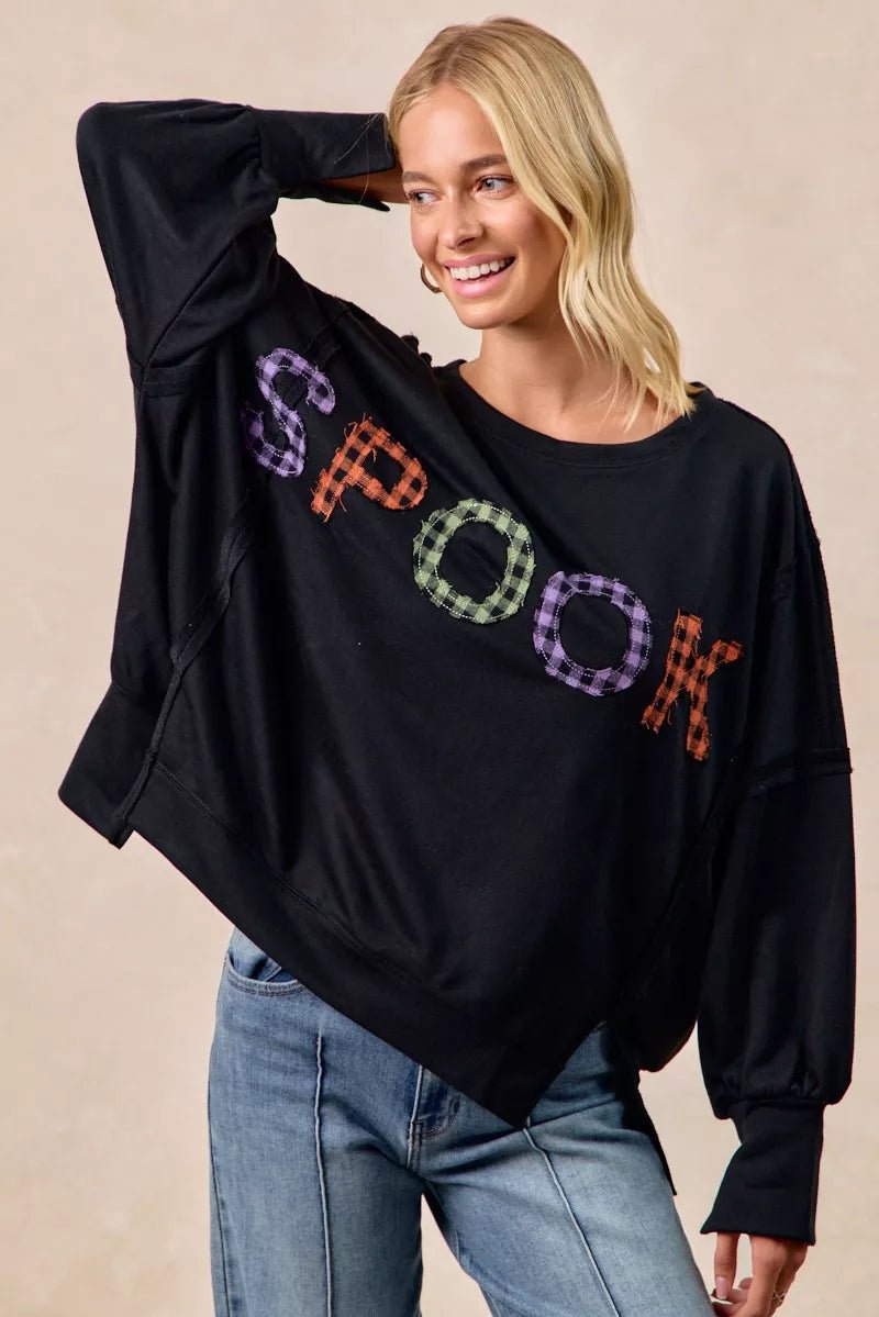 BiBi Spook Plaid Letter Print Oversized Sweatshirt - Bitsy Gypsy Boutique