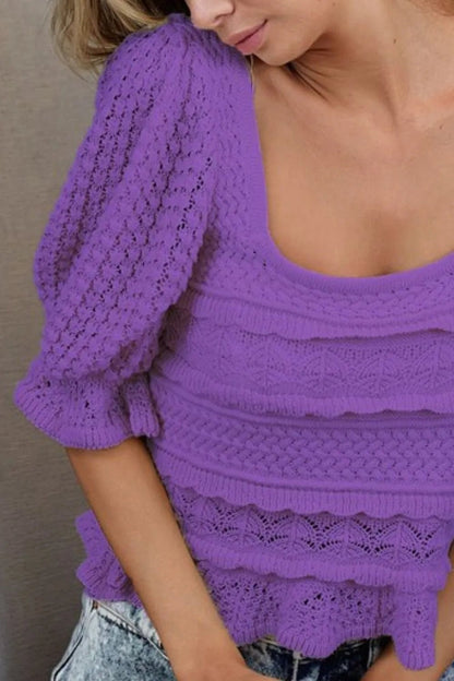 BiBi Square Neckline with Puff Sleeve Crochet Top - Bitsy Gypsy Boutique