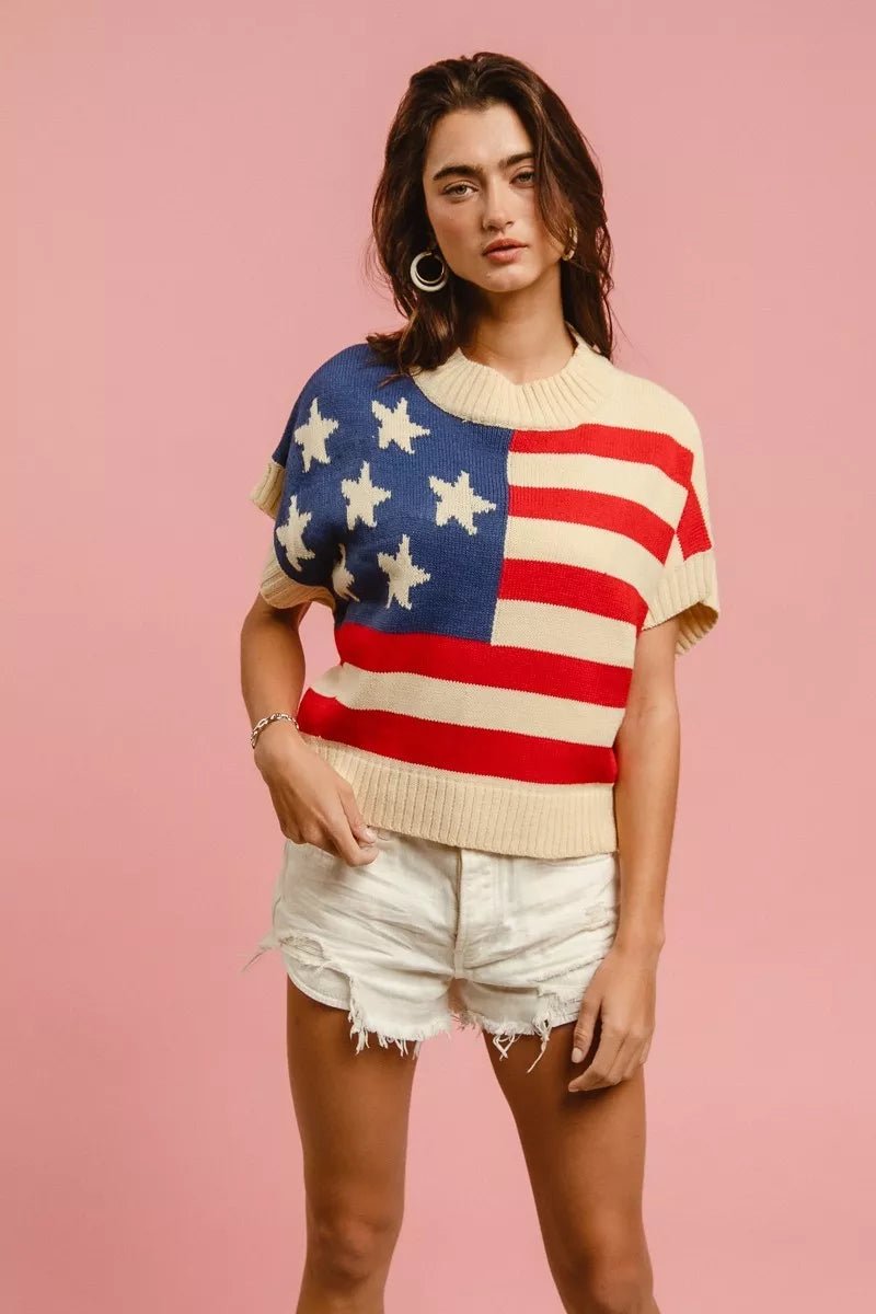 BiBi Star Patches American Flag Sleeveless Sweater - Bitsy Gypsy Boutique