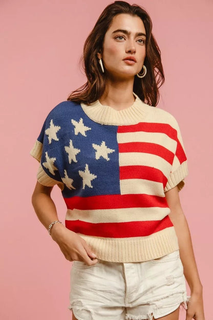 BiBi Star Patches American Flag Sleeveless Sweater - Bitsy Gypsy Boutique