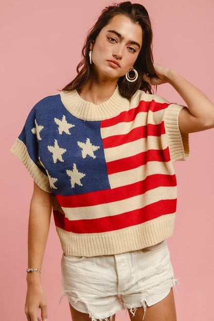 BiBi Star Patches American Flag Sleeveless Sweater - Bitsy Gypsy Boutique