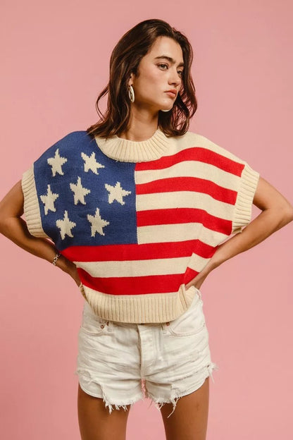 BiBi Star Patches American Flag Sleeveless Sweater - Bitsy Gypsy Boutique