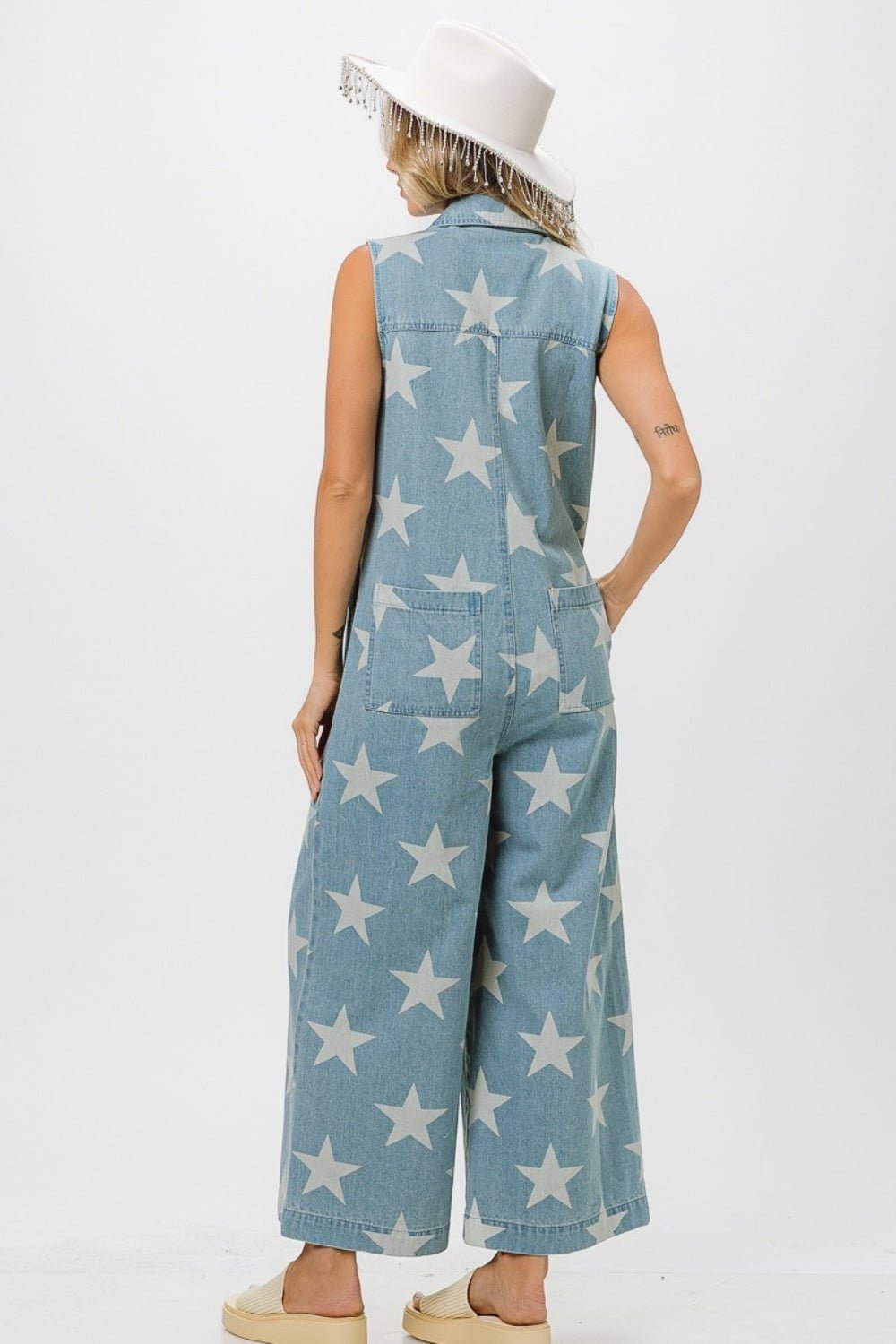 BiBi Star Print Half Zip Sleeveless Denim Jumpsuit - Bitsy Gypsy Boutique