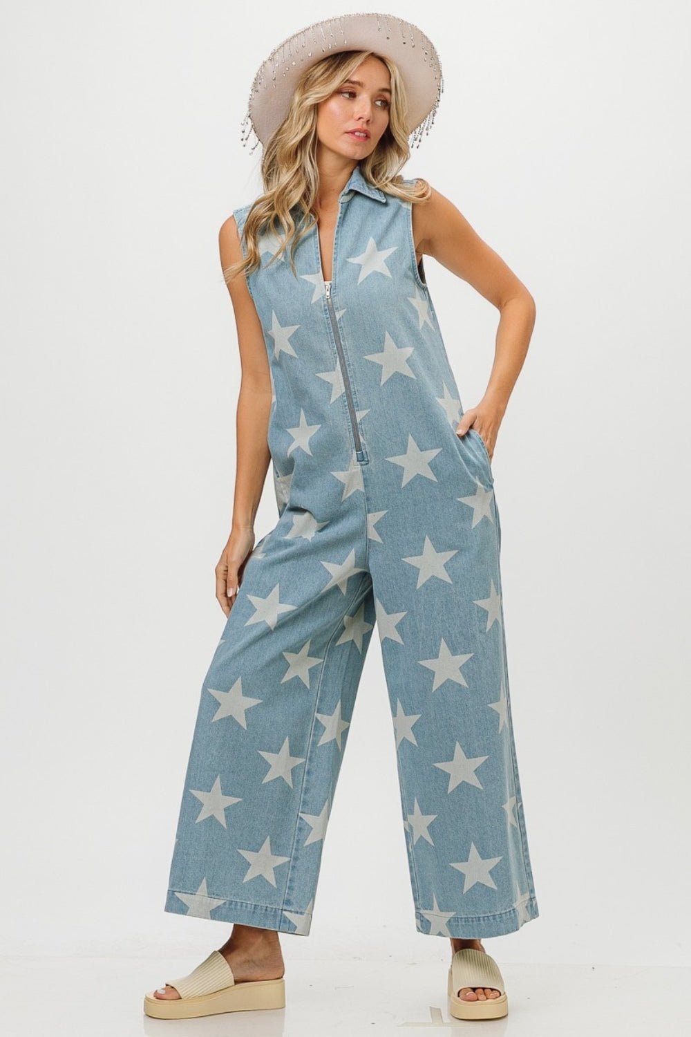 BiBi Star Print Half Zip Sleeveless Denim Jumpsuit - Bitsy Gypsy Boutique