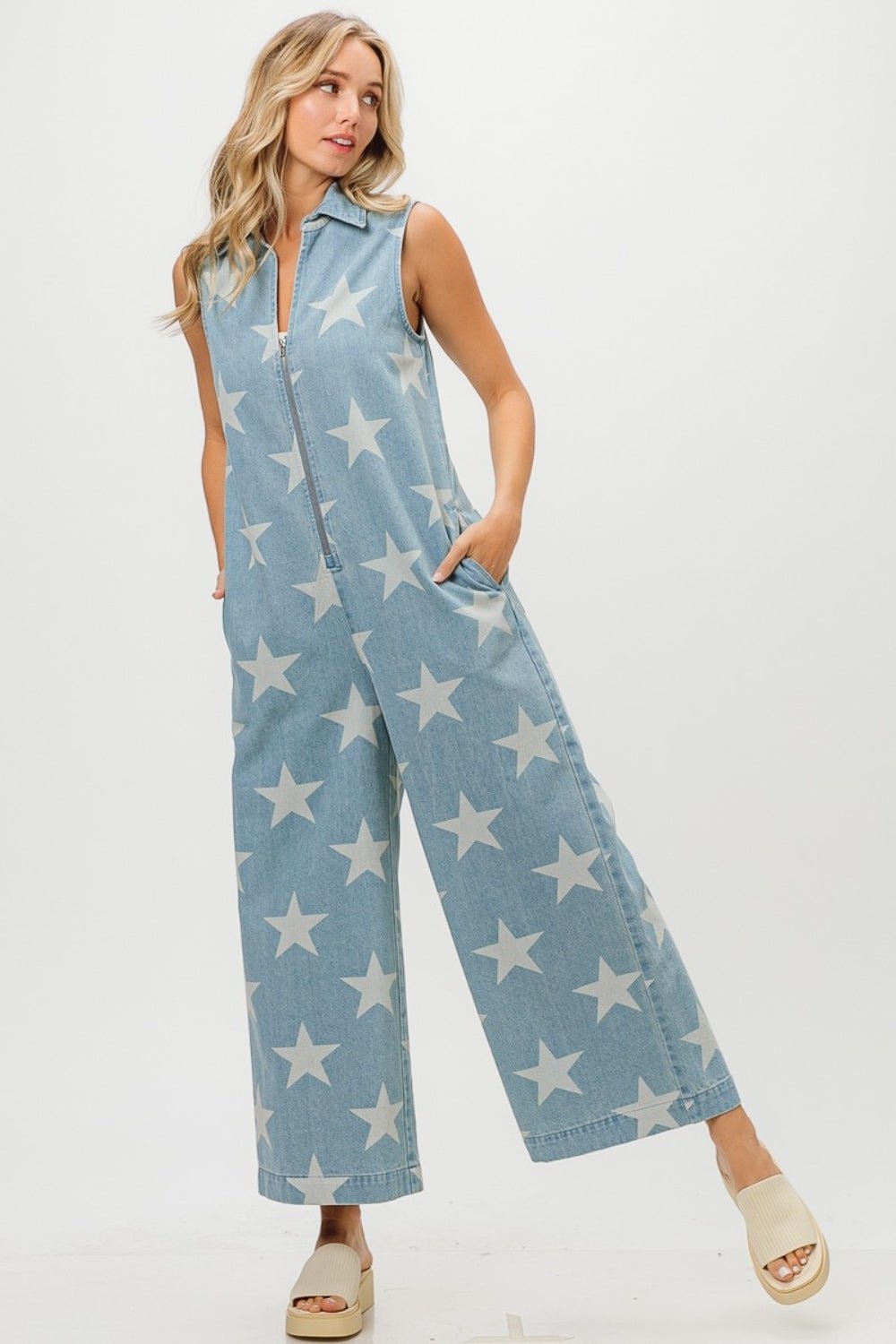 BiBi Star Print Half Zip Sleeveless Denim Jumpsuit - Bitsy Gypsy Boutique