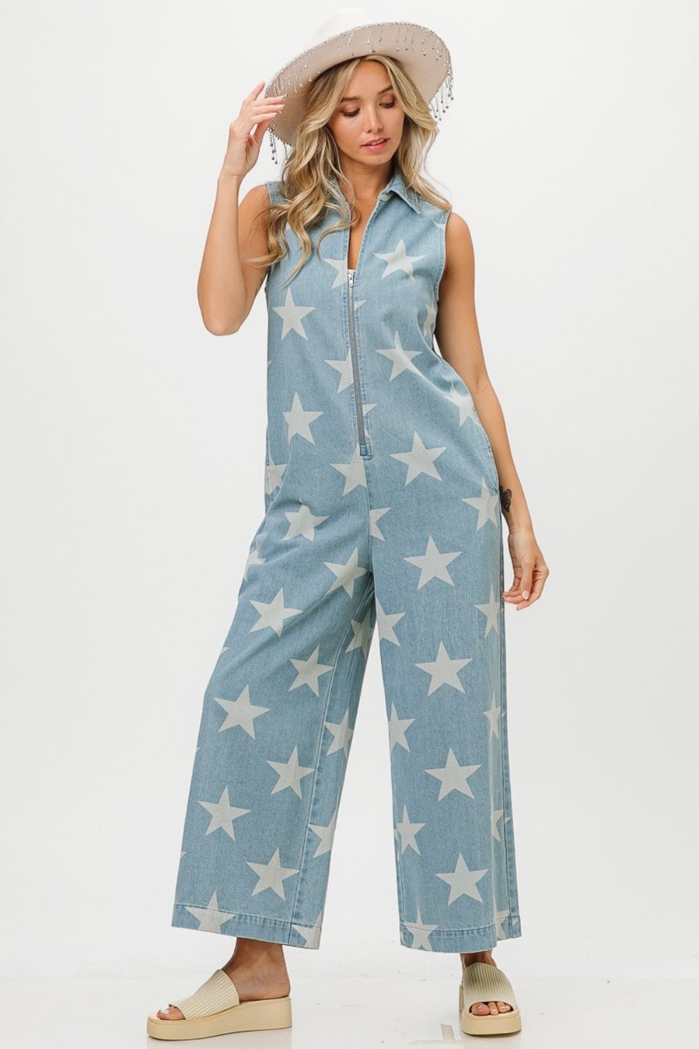 BiBi Star Print Half Zip Sleeveless Denim Jumpsuit - Bitsy Gypsy Boutique