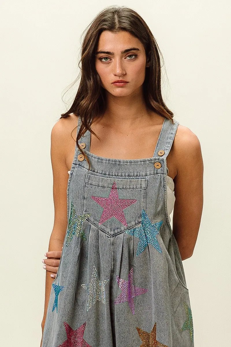 BiBi Star Rhinestone Washed Wide Leg Shortalls - Bitsy Gypsy Boutique