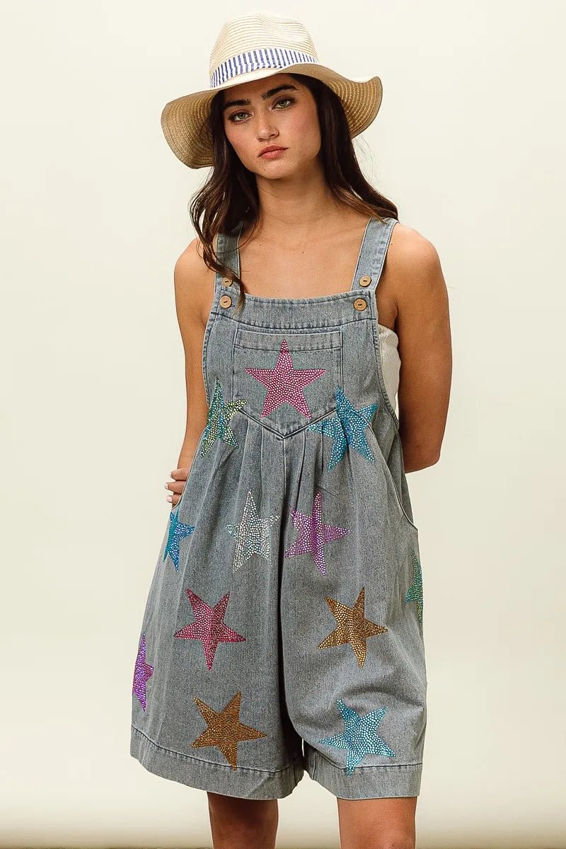 BiBi Star Rhinestone Washed Wide Leg Shortalls - Bitsy Gypsy Boutique