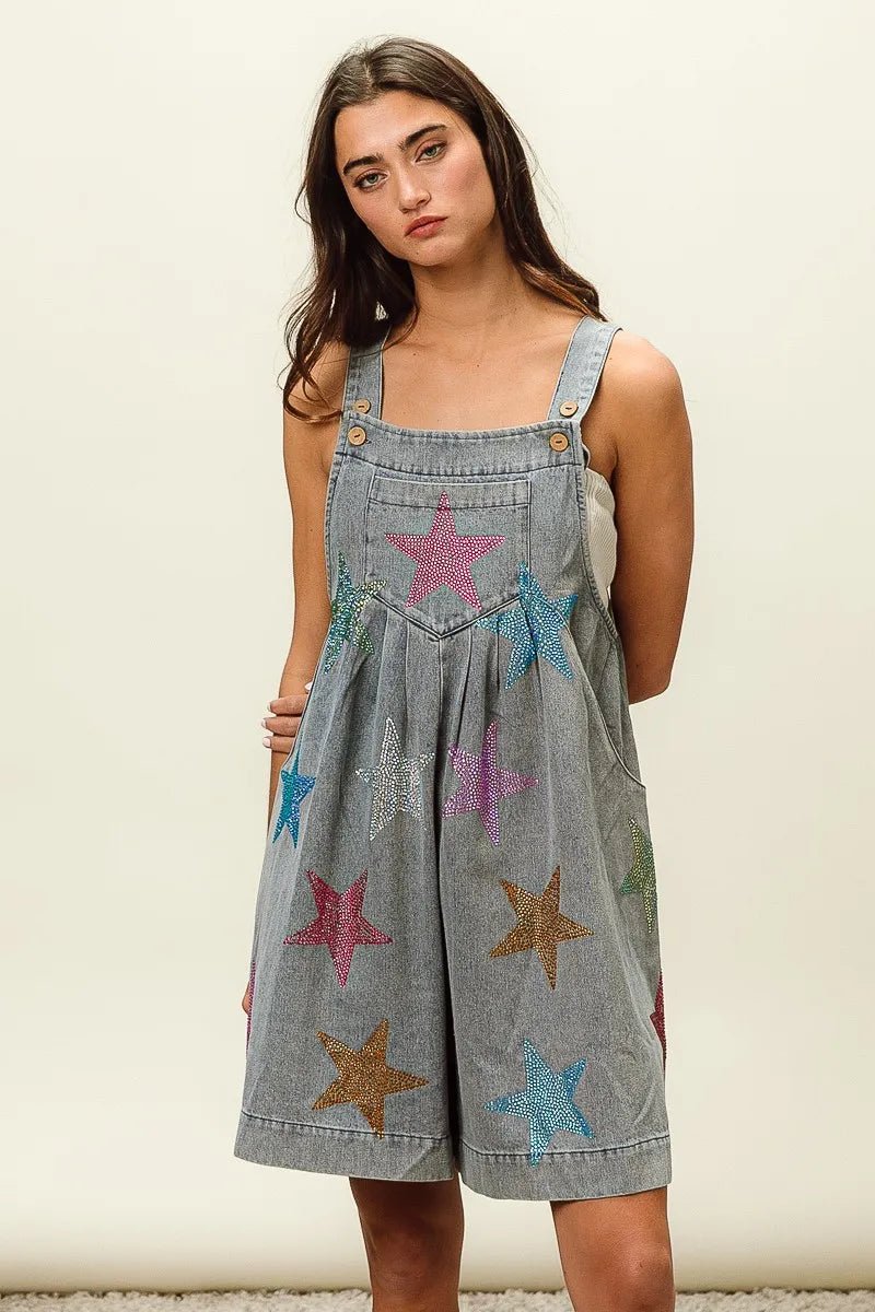 BiBi Star Rhinestone Washed Wide Leg Shortalls - Bitsy Gypsy Boutique