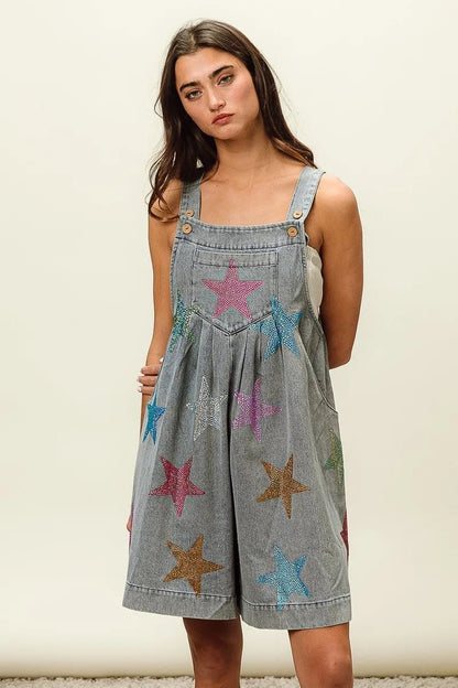 BiBi Star Rhinestone Washed Wide Leg Shortalls - Bitsy Gypsy Boutique