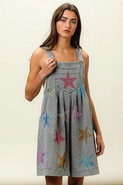 BiBi Star Rhinestone Washed Wide Leg Shortalls - Bitsy Gypsy Boutique