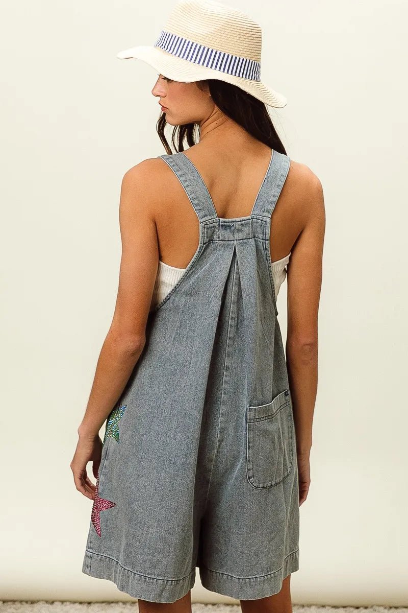 BiBi Star Rhinestone Washed Wide Leg Shortalls - Bitsy Gypsy Boutique