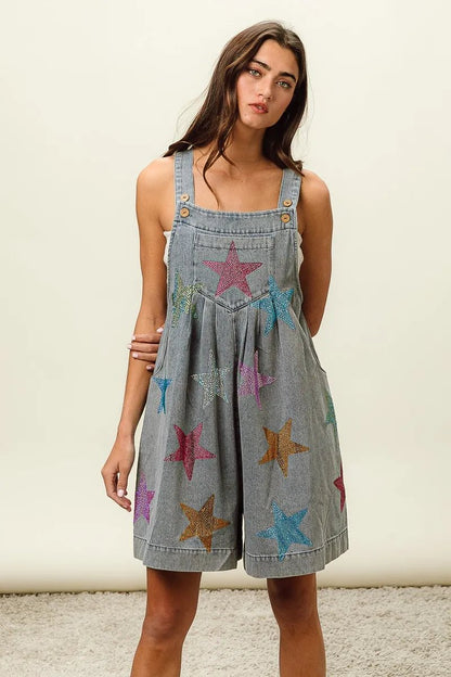 BiBi Star Rhinestone Washed Wide Leg Shortalls - Bitsy Gypsy Boutique