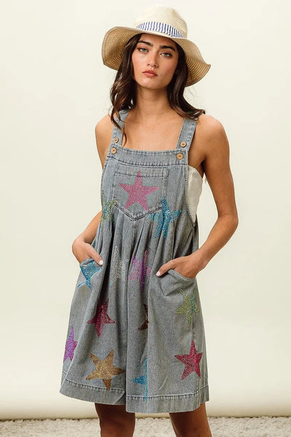 BiBi Star Rhinestone Washed Wide Leg Shortalls - Bitsy Gypsy Boutique