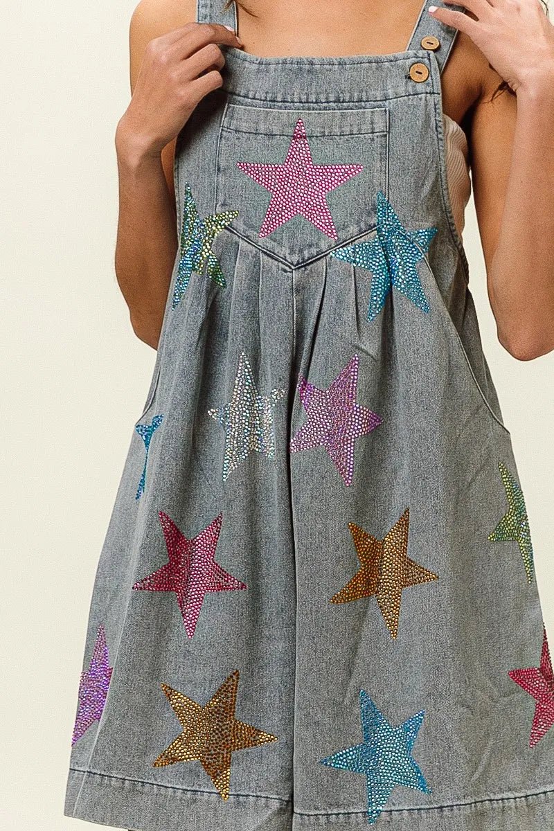 BiBi Star Rhinestone Washed Wide Leg Shortalls - Bitsy Gypsy Boutique