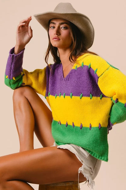 BiBi Stitch Detail Mardi Gras Stripes Sweater - Bitsy Gypsy Boutique