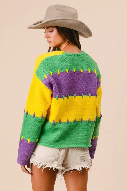BiBi Stitch Detail Mardi Gras Stripes Sweater - Bitsy Gypsy Boutique