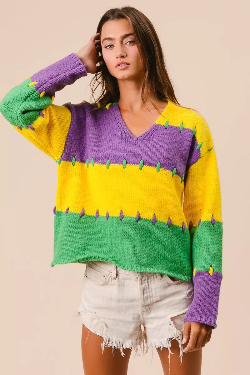 BiBi Stitch Detail Mardi Gras Stripes Sweater - Bitsy Gypsy Boutique